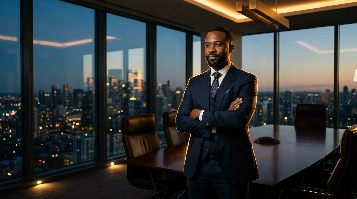 Confident Nigerian businessman in a premium suit standing in a modern luxury boardroom at twilight