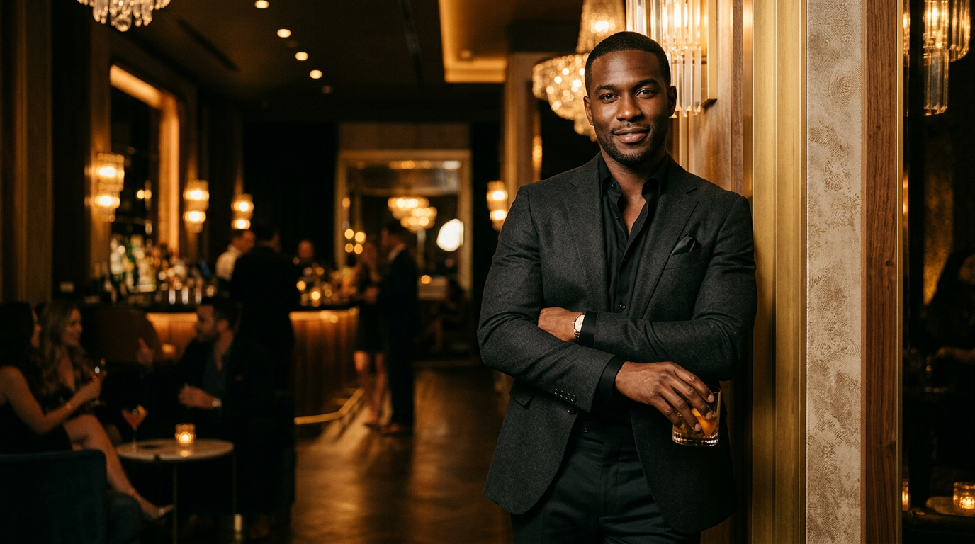 Stylish Black man in elegant evening attire at an upscale lounge with warm golden lighting