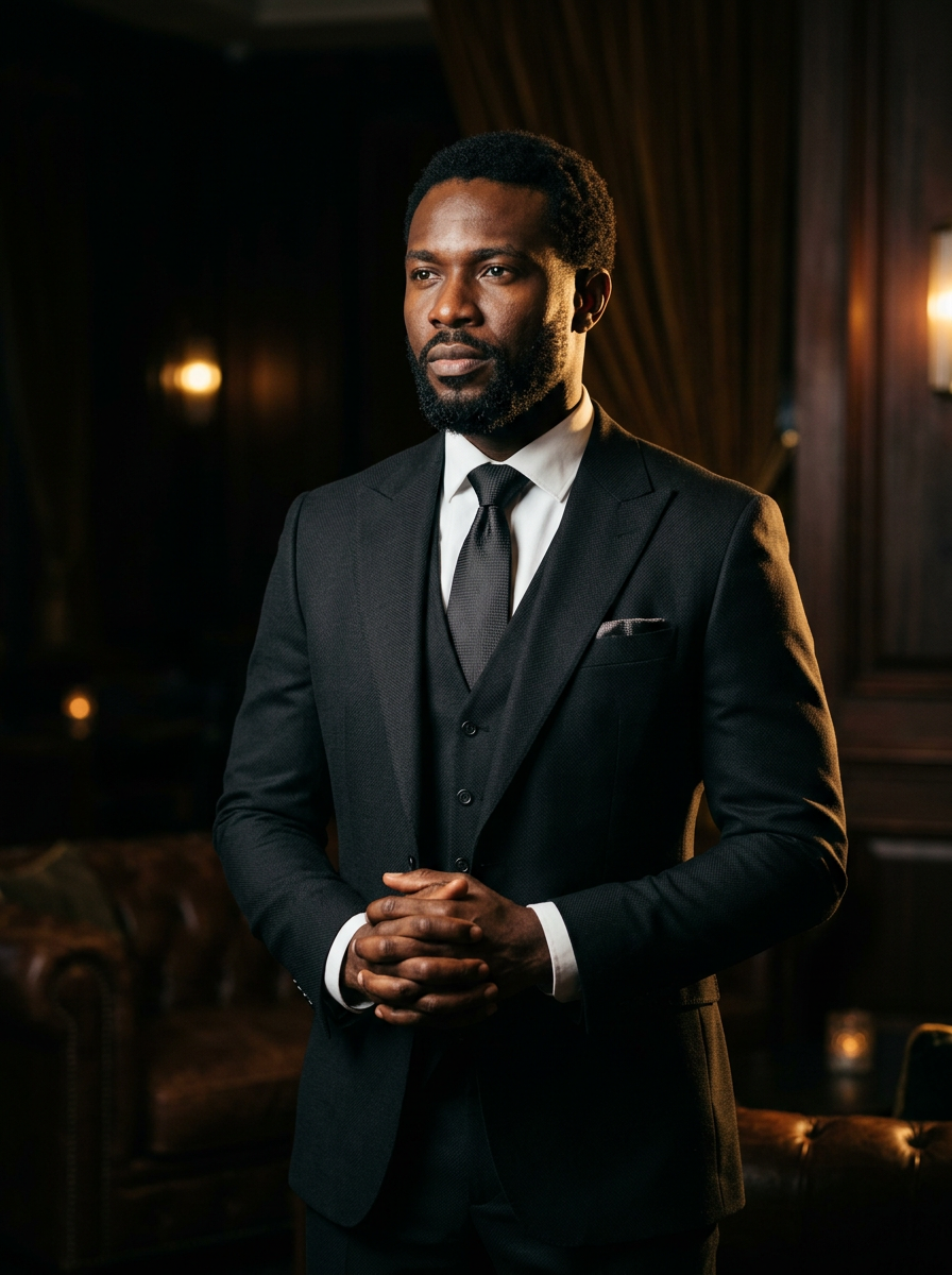Distinguished, confident Nigerian man in a sharp dark tailored suit — the man who has arrived
